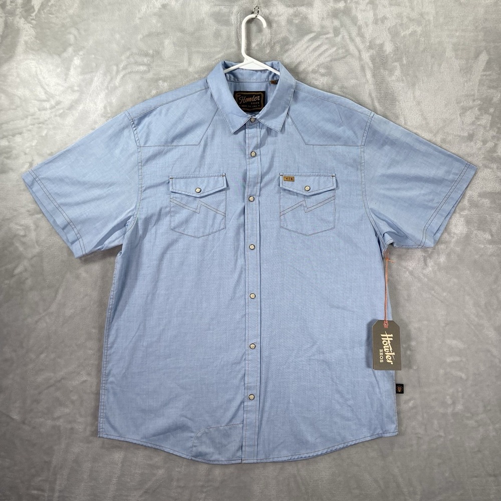 Howler Bros Shirt Mens XL Western H Bar B Snapshirt Pearl Snap Blue Oxford NWT